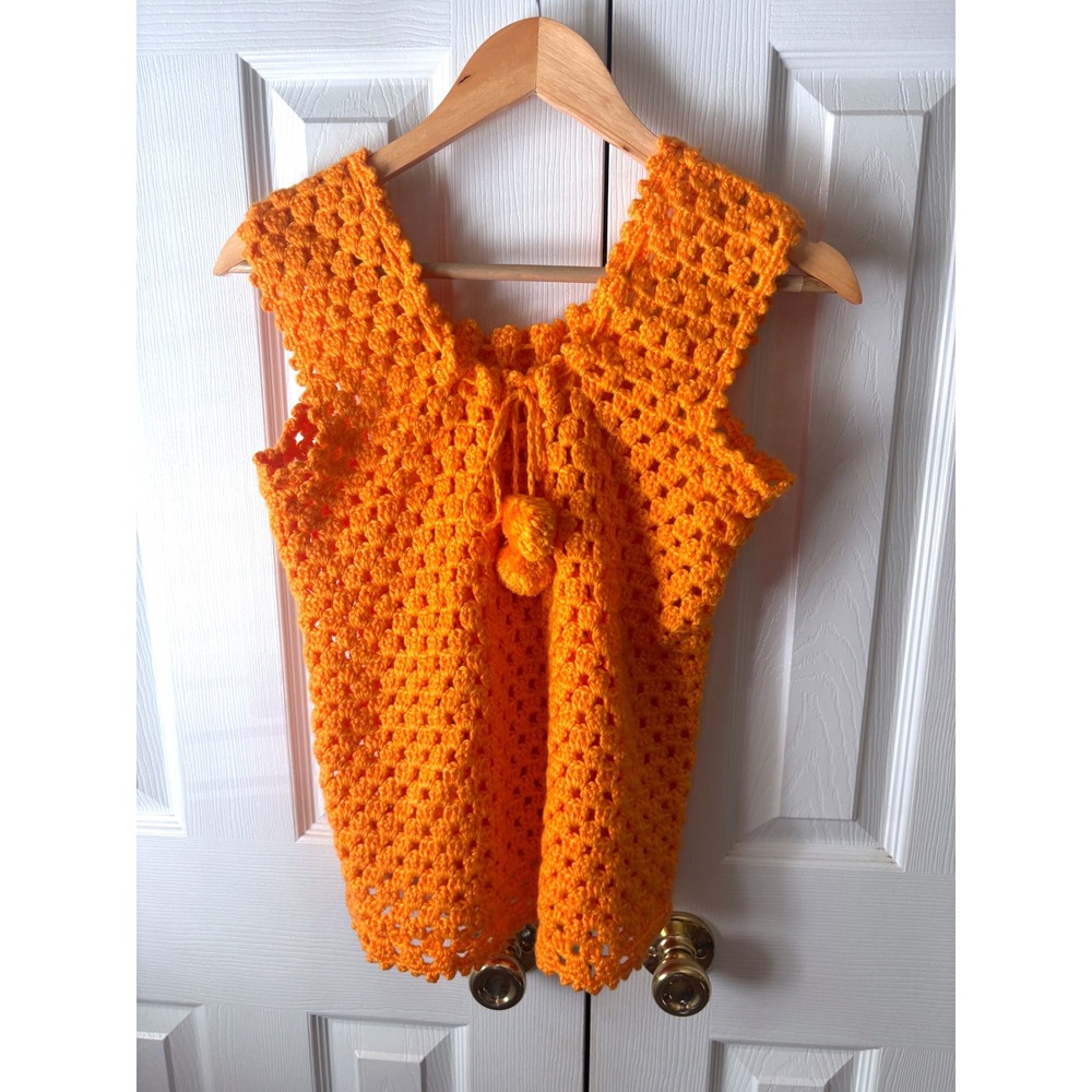 Handmade Bright Orange Crochet Drawstring Pom Pom Neck Sleeveless Sweater M
